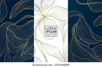 Conjunto de Vector de patrones art deco dorados de flores, etiquetas de paquete de línea floral. Perfume, productos de belleza, paquete de joyería, invitaciones de boda, ilustraciones de naturaleza de estilo asiático