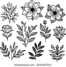 vector set of flower. Hand drawn black flowers. 
