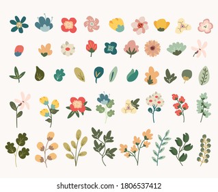 Conjunto vectorial de flores y hojas, elementos florales