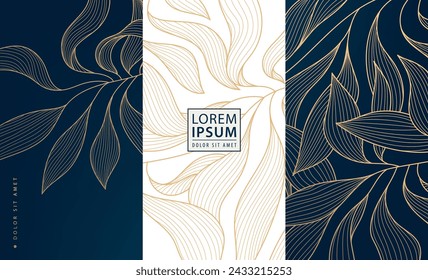 Vector conjunto de flores, hojas de patrones elegantes. Perfume abstracto, joyería, café, té paquete real. Etiquetas de lujo, adornos de fondo de belleza.  