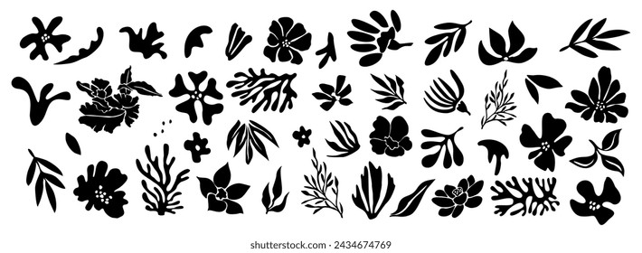 Vector Conjunto de siluetas de flores y hojas.