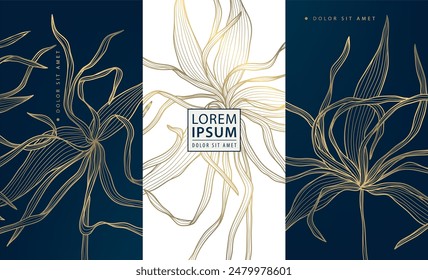 Vector set of flower line backgrounds, floral luxury patterns, elegant templates, beauty royal cards. Vintage botanical prints, plant illustrations. 
