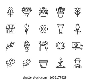 Vector set of flower line icons. Contains icons of bouquet, flower shop, tulips, rose, flower basket, vase, gardener and more. Pixel perfect.