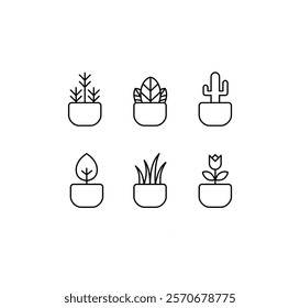 vector set of flower pot and plant lines