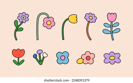 Vector set of flower retro groovy illustration. Hippie style floral element