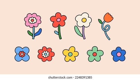 Conjunto vectorial de la ilustración del groovy retro de flores. Elemento floral de estilo hippie