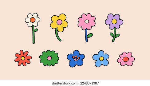 Vector set of flower retro groovy illustration. Hippie style floral element