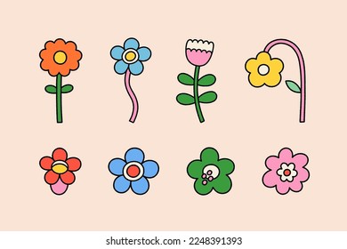 Vector set of flower retro groovy illustration. Hippie style floral element