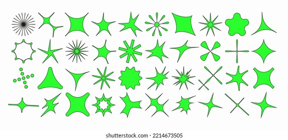 Vector set of flower and star shapes. Y2k shapes of shine, sun, sunbeams, flare and glares in a modern brutalist style.
