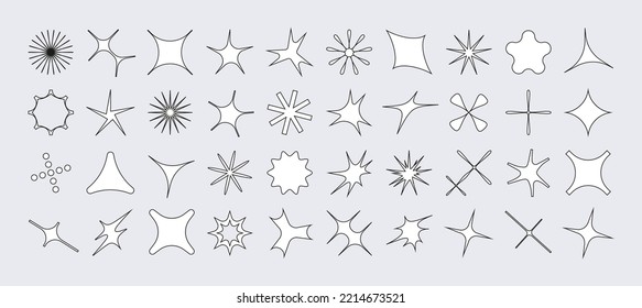 Vector set of flower and star shapes. Y2k shapes of shine, sun, sunbeams, flare and glares in a modern brutalist style.