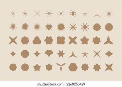 Vector set of flower and star shapes. Y2k shapes of shine, sun, sunbeams, flare and glares in a modern brutalist style.