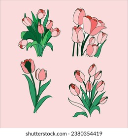 Vector Set Flower Tulip Pink Series