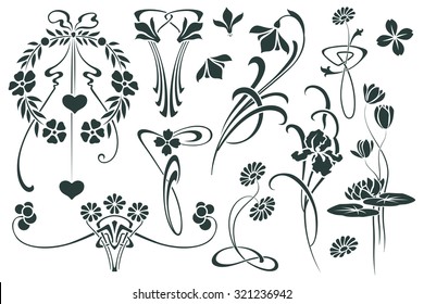 Vector set flower vignette  on different versions for decoration and design

