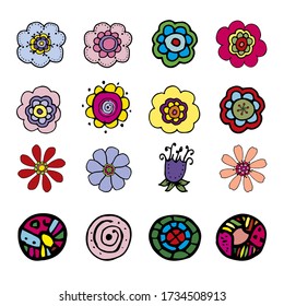 Vector set of flowers and abstract elements in doodle style. Hand drawn illustrations, multicolored. For cards, invitations, posters, stickers.