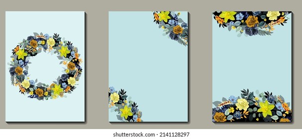 Vector set of flowers backgrounds with copy space for text - bright vibrant banners, posters, cover design templates, social media stories wallpapers with spring leaves and flowers
