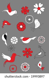 vector set of flowers and birds