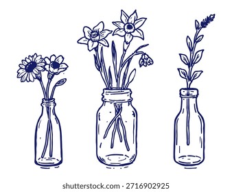 Conjunto de Vector de Ilustraciones dibujadas a mano de ramo de flores. Dibujos florales del dibujo del garabato para el diseño del día de las madres, Anuncios, invitaciones, Días festivos, tarjetas de cumpleaños, saludo, partido. Flores en estilo Crayón