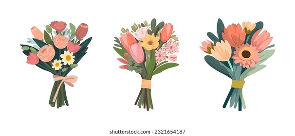 El vector puso flores ramo. Sello de ramo de primavera de verano aislado, regalo de flores de mujer, tulipanes y margaritas, ilustración vectorial diseño plano de moda