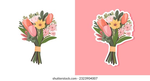 Vector set flowers bouquet. Summer spring bouquet sticker isolated, woman flowers gift, tulips and daisies, vector illustration trendy flat design