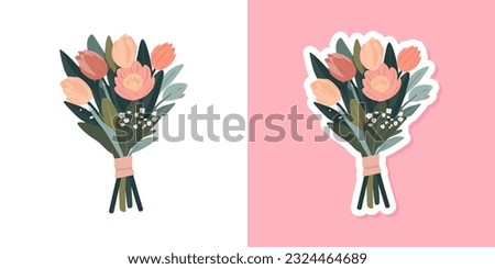 Vector set flowers bouquet. Summer spring bouquet sticker isolated, woman flowers gift, tulips and daisies, vector illustration trendy flat design