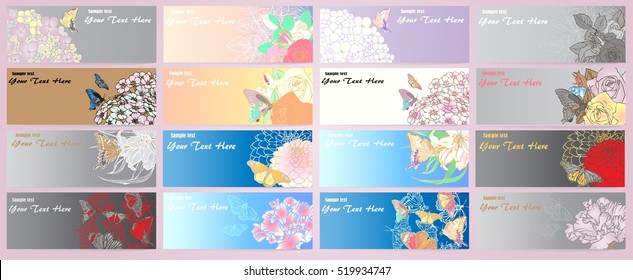 Vector set of flowers and butterflies,greeting card garden, invitation card for wedding, vintage flowers composition. decorative background and text, vector illustration EPS10.