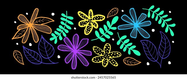 Vector conjunto de flores de manzanilla y hojas exóticas, dibujado a mano color ilustración botánica artística. Elementos florales aislados, pinceladas de pincel seco grunge sobre fondo negro.