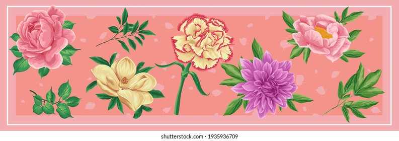 vector set of flowers collection illustration. very detail of magnolia, rose, dahlia, peony . best for beauty products, spa, decorations, wallpapers, cards, stationary, pattern, background, packaging 