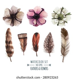 Vector set of flowers and feathers in watercolor style. Illustration in indie style.