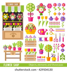 Vector set of flowers and florist tools in a flat style. Flower icons, bright ribbons, tools and bouquets. Showcase floral shop, floral counter.