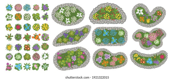 Vector set. Flowers and flower beds. Top view. Collection of different flowers for architectural and landscape design. (View from above) Nature green spaces.