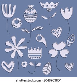 Vector set of flowers and hearts in scandinavian doodle popular style. For cards, wedding invitations, web, wrapping paper, notebooks etc.