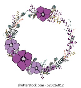 un conjunto vectorial de flores, hierbas y hojas se organizan en círculo, que puede utilizarse en invitaciones, postales y volantes o logotipo