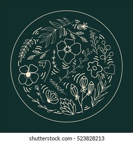 vector set of flowers, herbs and leaves are arranged in a circle, which can be used in invitations, postcards and flyers or logo