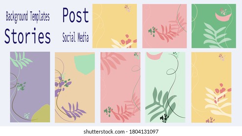 Un conjunto vectorial de flores deja un fondo para historias en medios sociales y posts con espacio para textos y fotos. Plantillas de diseño para sitios web, aplicaciones móviles, afiches, volantes, cupones, tarjetas, smartphone.