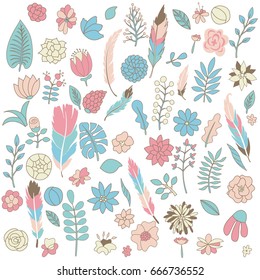 Vector set of flowers, leaves, feathers in tender pink, green and blue colors. Hand drawn objects isolated on white background.
