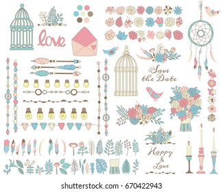 Conjunto vetorial de flores, folhas, penas nas cores rosa, verde e azul. Gaiolas de desenho manual, pássaros e objetos isolados sobre fundo branco. Elementos de design de casamento.