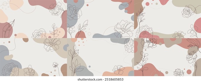 Vector set of flowers and leaves frames, organic bubbles patterns. Minimal floral line backgrounds, spring garden illustrations