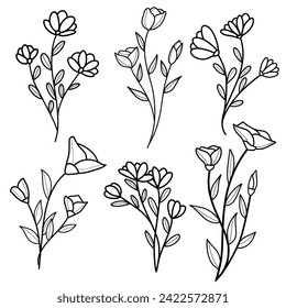 vector set of flowers, line art flowers with various beautiful shapes. hand drawn flower