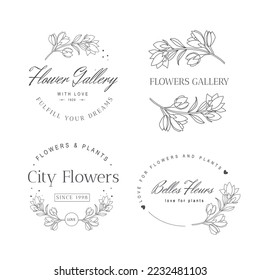 Vektor setzt Blumen Logos Vorlagen. Modernes, handgezeichnetes Liniendesign. Minimalistisch gezeichnete Design-Illustration mit floralem Logo.
