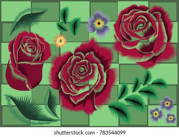 Vector set of flowers on a checkerboard background. Stylized roses with an angular lines and zigzag. Clipart Template to work