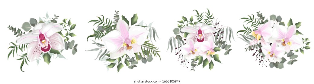 Vector set of flowers on a white background. Royal orchids, berries, eucalyptus, green plants and flowers. Floral elements for wedding design.