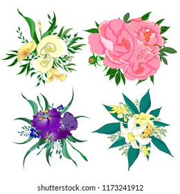Vector set of flowers: peonies, callas, daffodils and irises