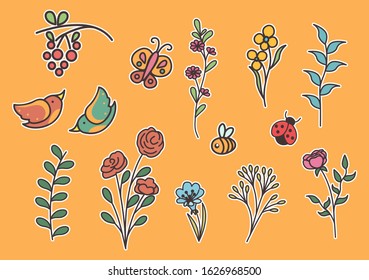 vector set of flowers  and plants, with bugs and birds. cute flat stickers