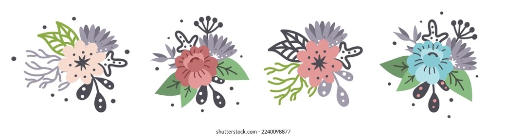 Vector set of flowers in Scandinavian style. Sea flowers, corals. Floral compositions on white background  