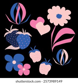Vector set of flowers and strawberries in a blue and pink palette.