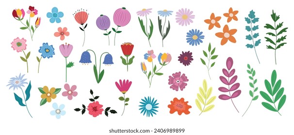 Vector set of flowers and twigs on a white background. Floral design elements. Vector.