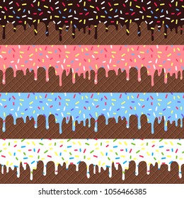 Vector Set of Flowing Glaze with Colorful Sprinkles on Chocolate Wafer Background. Seamless Borders Design for Banners, Web and Packaging. Sweet Ice Cream Texture Concept.