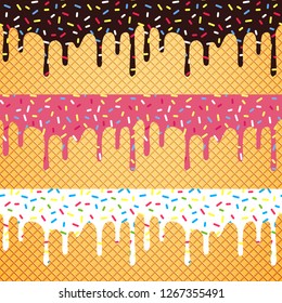 Vector Set of Flowing Glaze with Colorful Sprinkles on Wafer Background. Seamless Borders Design for Banners, Web and Packaging. Sweet Ice Cream Texture Concept