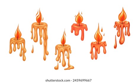 Vector set of flowing paraffin candles with fire isolated from background. Aromatherapy and festive icons. Candle wax tops.