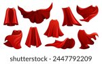 Vector Set of Flowing Red Superhero Cloaks Billow Behind Isolated on White Background. Crimson Super Hero Capes